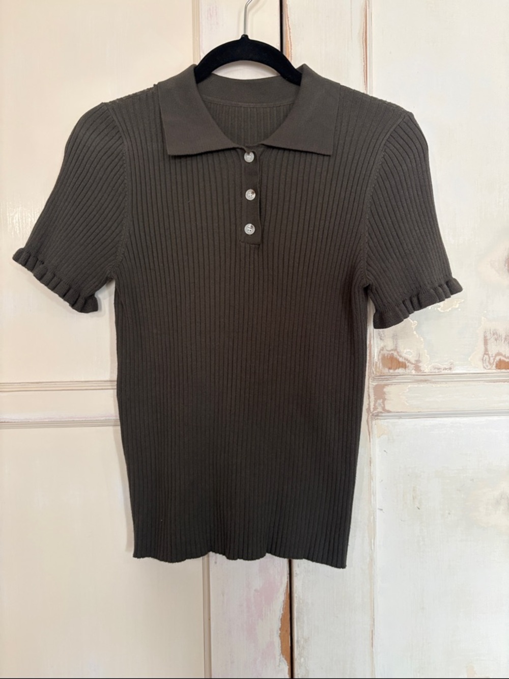 Ribbed Short-Sleeve Polo Top - Olive Green